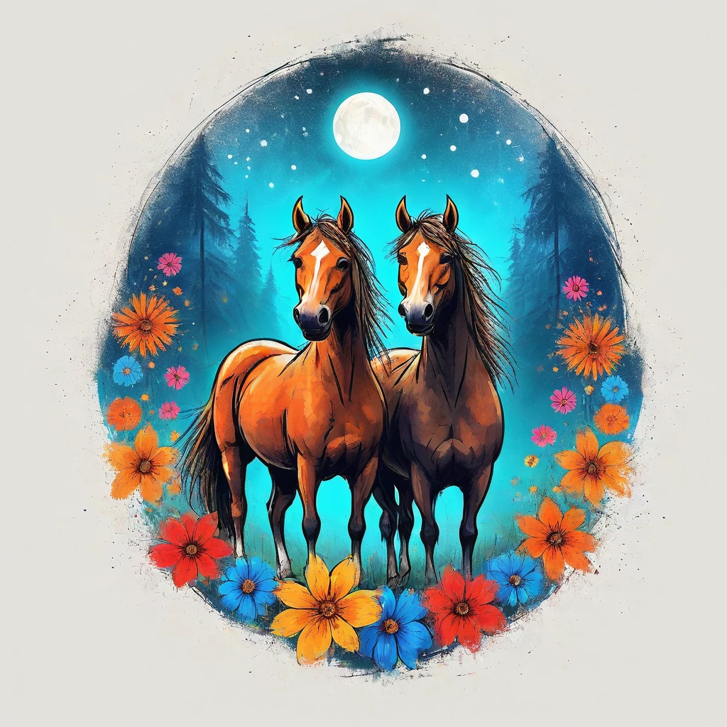 vectorial art, Colorful illustration with horses, in the center and flowers with vibrant colors, Rainforest starry sky background