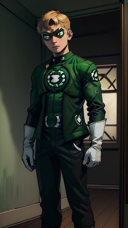 best quality,masterpiece,1boy,solo,((())),japanese boy,an extremely cute and handsome boy,highly detailed beautiful face and eyes,petit,cute face,lovely face,baby face,shy smile,show teeth,Blonde hair, buzzcut hair,flat chest,skinny,slender,(((wearing a Guy Gardner Green Lantern costume,green jacket with black sleeves,white gloves,black pants,white boots))),(((standing in reelunsettling dark indoors room))),he is looking at the viewer,