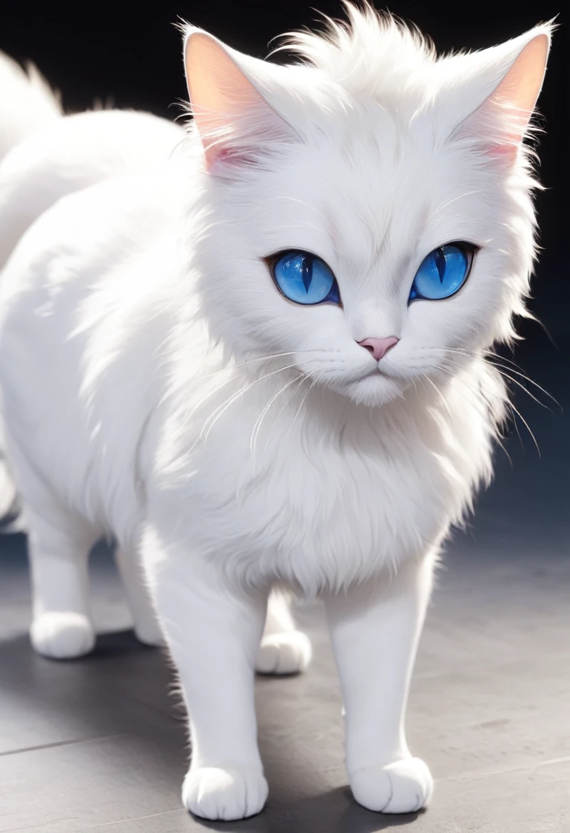 A female cat, quadruped, cat physiognomy, white fur, blue eye, showing the vagina on all fours, patas, detailed vagina