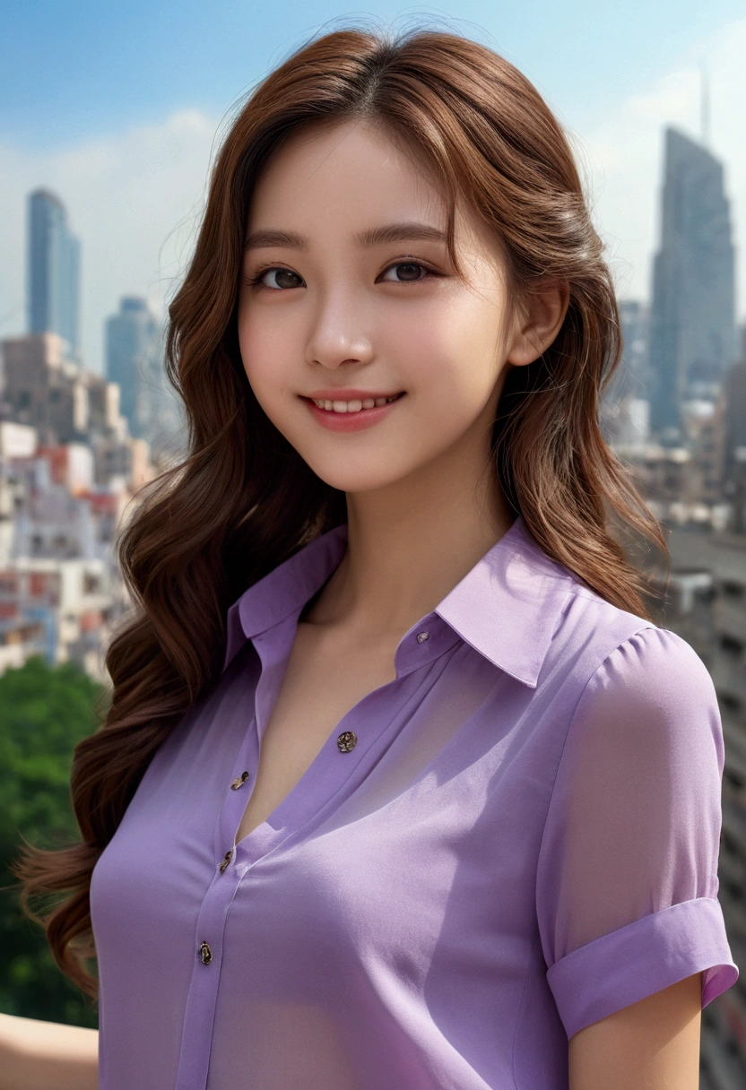 1 Girl,(Wearing a light purple short-sleeved blouse:1.2),(RAW Photos, Highest quality), (Realistic, Realistic:1.4), Tabletop, Very delicate and beautiful, Very detailed, 2k wallpaper, wonderful, In detail, Very detailedなCGユニティ8K壁紙, Very detailed, High resolution, Soft Light, Beautiful detailed girl, Very detailed目と顔, Beautiful and sophisticated nose, Beautiful and beautiful eyes,Cinema Lighting,Afternoon cityscape, Perfect Anatomy, Slender body, smile, Wavy long hair, (Random body orientation), face looking at the camera,