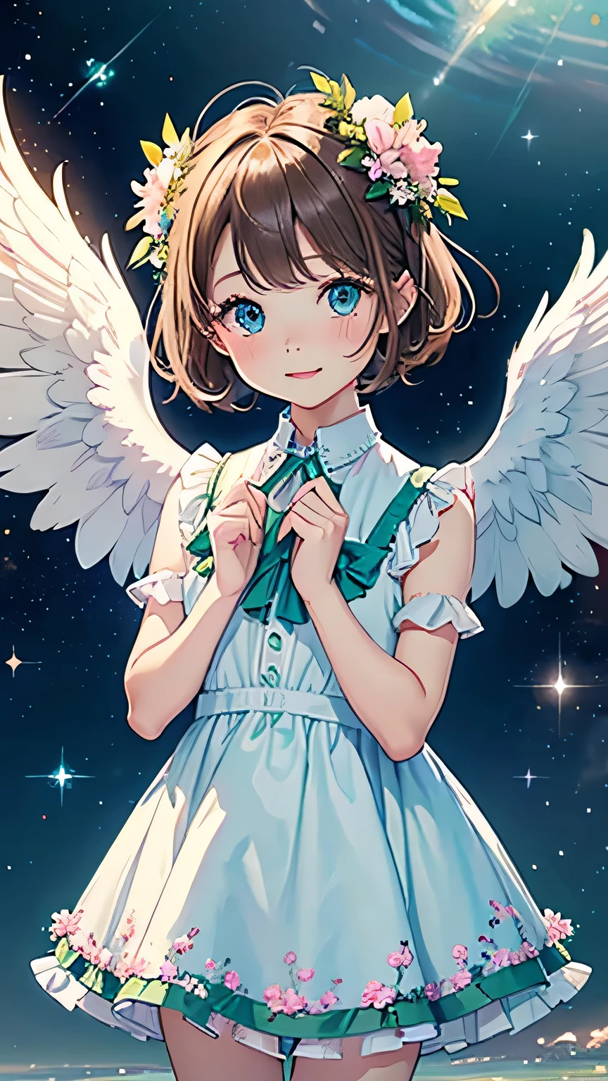 Highest quality, Pastel drawing, Serene atmosphere, Twin girl angels, cute, White Wings, Laughing happily, Brown short hair in various colors,,, Blue-eyed ones, Green-eyed ones, Different color dresses, Flower Hair Ornaments, Upper Body, Looking at the audience, space, meteor, Light,