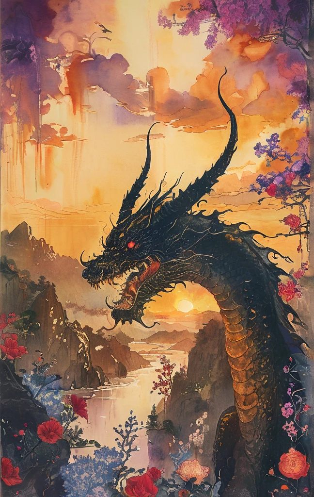 A white dragon lies in the middle of an endless field full of purple flowers, surrounded by snow-capped mountains and a blue sky sparkling with golden sunset rays. The whole scene is filled with a dreamy atmosphere, with vibrant colors and detailed background elements rendered in high resolution and detailed in a top quality illustration style. (Highest quality,4K,8K,High resolution,masterpiece:1.2),Super detailed,(Realistic,photoRealistic,photo-Realistic:1.37),Hot thick succubus mom with long black hair, deep black lips, She wears a revealing black leather outfit with BDSM themes.. Her outfit consists of a seductive bustier, accentuate her voluptuous figure. Her skin is a captivating shade of fiery red, Exudes a devilish charm. A pair of majestic demon wings gracefully grow from her back., Intricately detailed and intricately painted patterns. On her head, She has enchanted tiefling horns, Embodying her other-dimensional existence. The artwork should capture her captivating aura., Showing her confidence and strength. The lighting in the scene should accentuate the seductive curves of her body., Project dramatic shadows and highlights. The color palette should evoke a sense of darkness and desire., Rich black contrast, red, deep chestnut color.