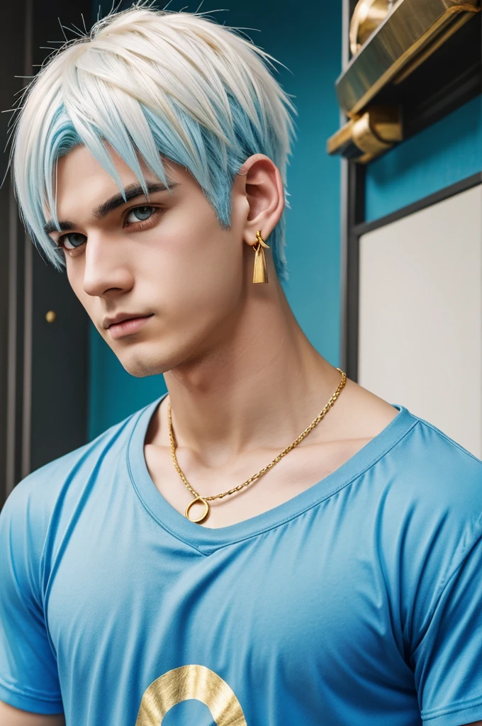 (anime boy) boy with white hair and gold eyes with eyeliner and wears a tight blue t-shirt and has gold earrings