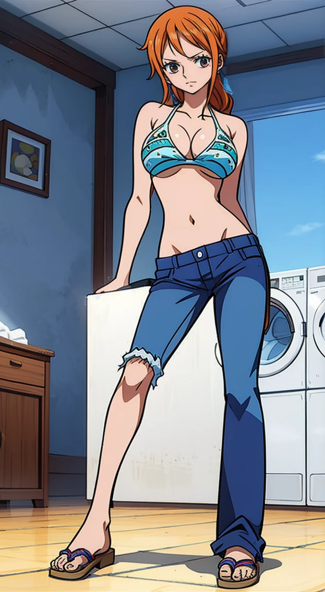 Nami, one piece 3D render, in the laundry room, leaning on top of a washing machine, wearing bikini top, wearing jeans