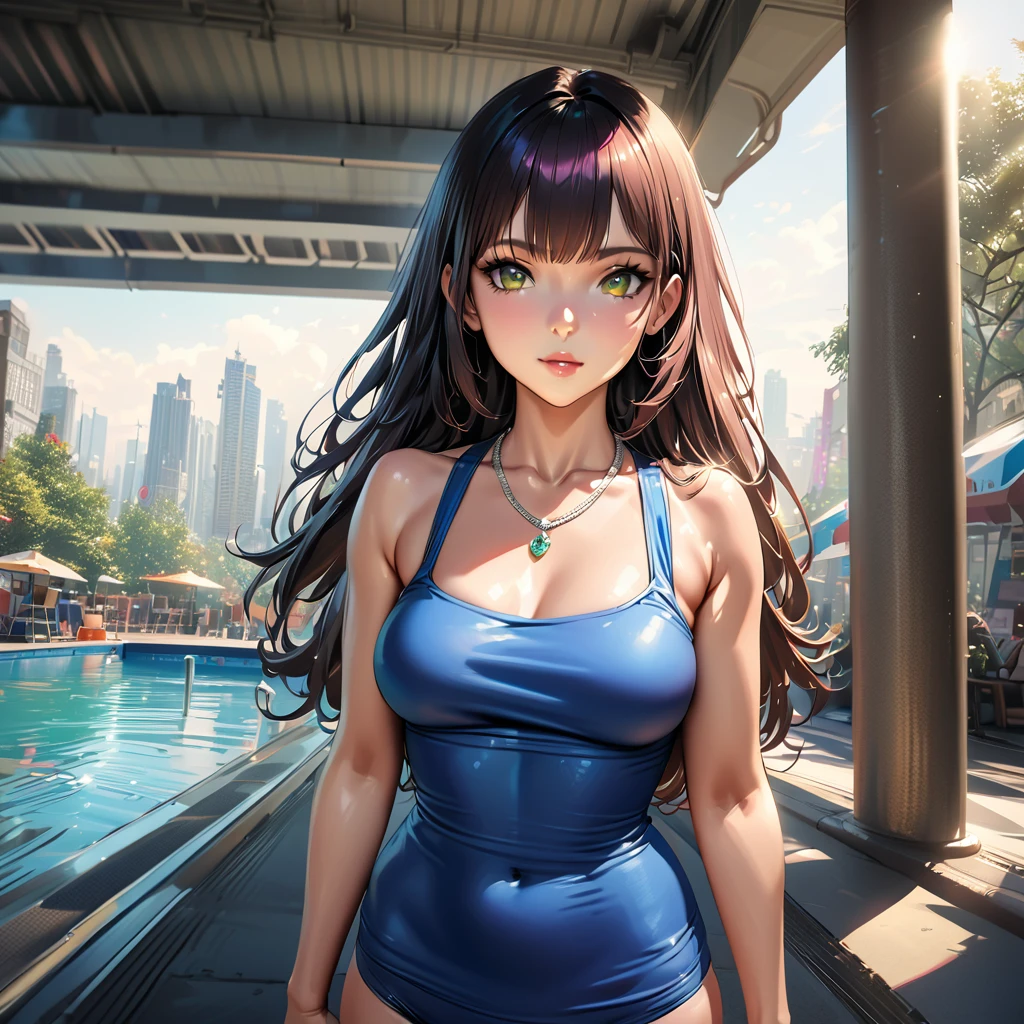 a beautiful latina woman with long chestnut hair, medium breasts, green colored eyes, wearing a blue bikini suit , a white sell necklace, gazing at the viewer, in a colorful pool park, 4k, city scenario, natta, best quality,4k,8k,highres,masterpiece:1.2,ultra-detailed,realistic,photorealistic,photo-realistic:1.37,vivid colors,studio lighting,physically-based rendering,extreme detail description,professional