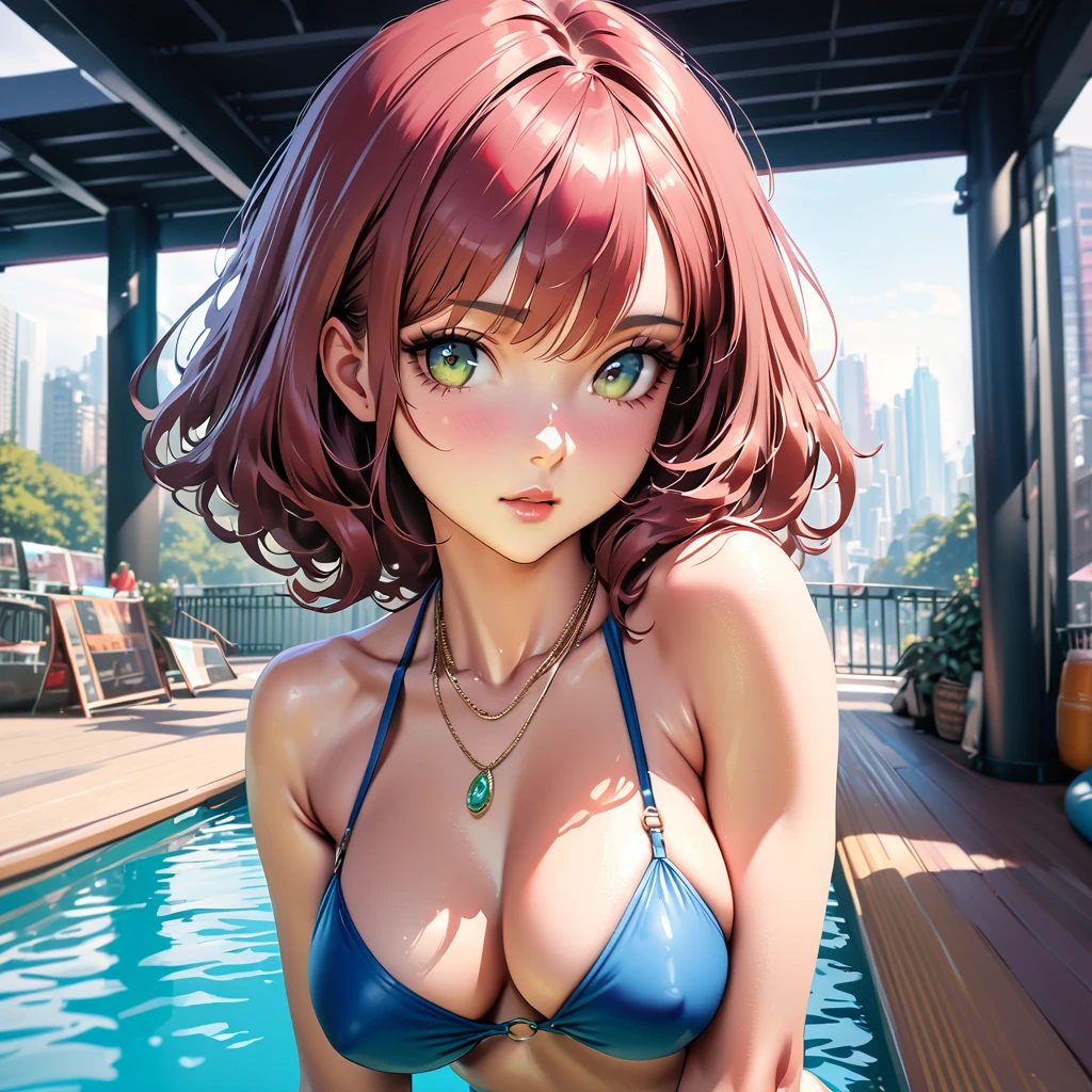 a beautiful latina woman with long chestnut hair, medium breasts, green colored eyes, wearing a blue bikini suit , a white sell necklace, gazing at the viewer, in a colorful pool park, 4k, city scenario, natta, best quality,4k,8k,highres,masterpiece:1.2,ultra-detailed,realistic,photorealistic,photo-realistic:1.37,vivid colors,studio lighting,physically-based rendering,extreme detail description,professional