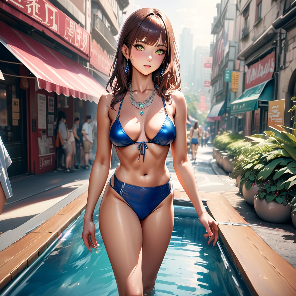 a beautiful latina woman with long chestnut hair, medium breasts, green colored eyes, wearing a blue bikini suit , a white sell necklace, gazing at the viewer, in a colorful pool park, 4k, city scenario, natta, best quality,4k,8k,highres,masterpiece:1.2,ultra-detailed,realistic,photorealistic,photo-realistic:1.37,vivid colors,studio lighting,physically-based rendering,extreme detail description,professional