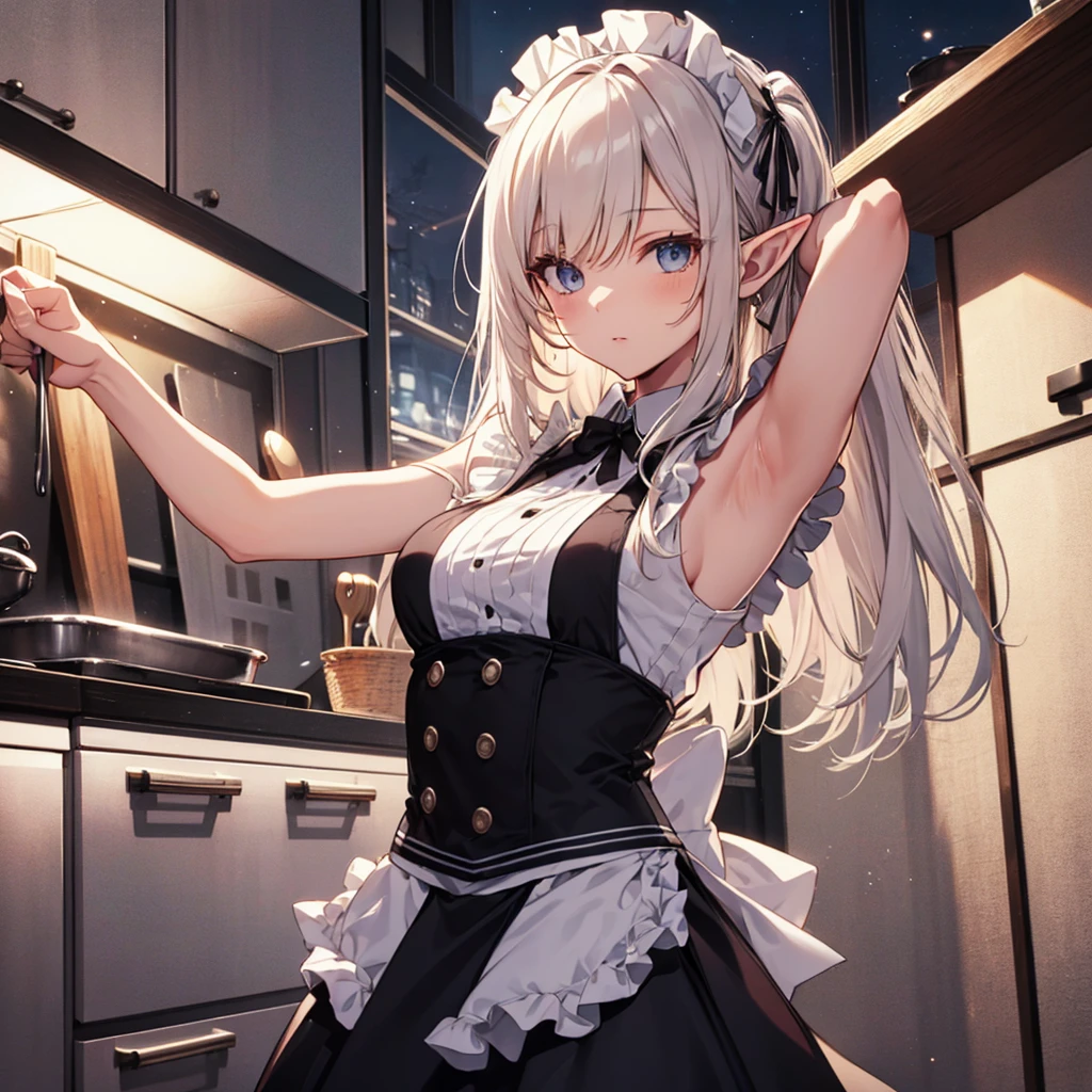 A maid, (in kitchen), various hair styles, night, details face, short skirt, seducing, sleeveless, maid uniform, armpits, elf