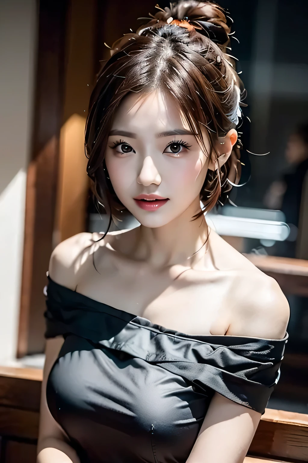 Romantic off-the-shoulder dress,(Shiny silver and orange inner color short hair,Intricately braided and beaded twisted ponytail bun,Braided Setup Fishbone Hair,),(The bangs are see-through),Beautiful woman,.Perfect Face,Proper body balance,Big ample breasts,,Intricate details,Very delicate and beautiful hair,Like the picture,dream-like,Realistic Shadows,Focus Only,Beautiful Hands,Beautiful fingers,Detailed finger features,Detailed clothing features,Detailed hair features,Detailed facial features,、(Professional Lighting),(Photorealistic:1.3),(RAW Photos.),(Tabletop,Highest quality,Ultra-high resolution output images,) ,(8K quality,),(Picture Mode Ultra HD,)