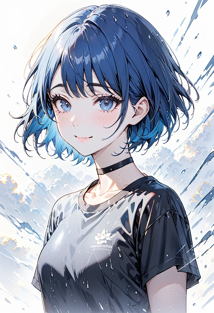 masterpiece, Highest quality, ((Pure white background)), Persistence, rain、A woman with a slim short bob, hope、Blue Hair, Black eyelashes, Black eyebrows, Cold Face, White skin, Black T-shirt, Black choker around the neck、Close your right eye、Lift the corners of your mouth、Suspicious expression, smile、Lighting Effects, soft, very clearly, High-resolution images, (front)