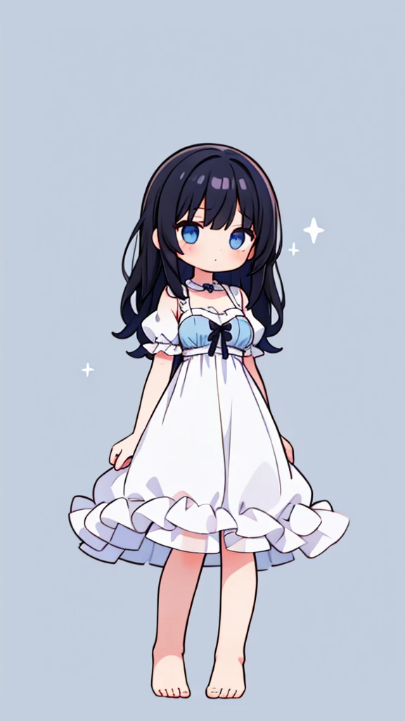 1 girl light blue room wear black hair long straight eyes light blue big breast front upright full body background simple