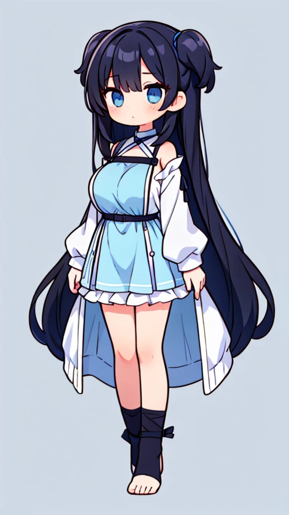 1 girl light blue room wear black hair long straight eyes light blue big breast front upright full body background simple