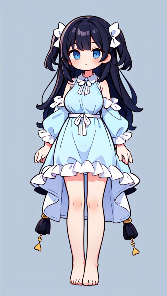 1 girl light blue room wear black hair long straight eyes light blue big breast front upright full body background simple