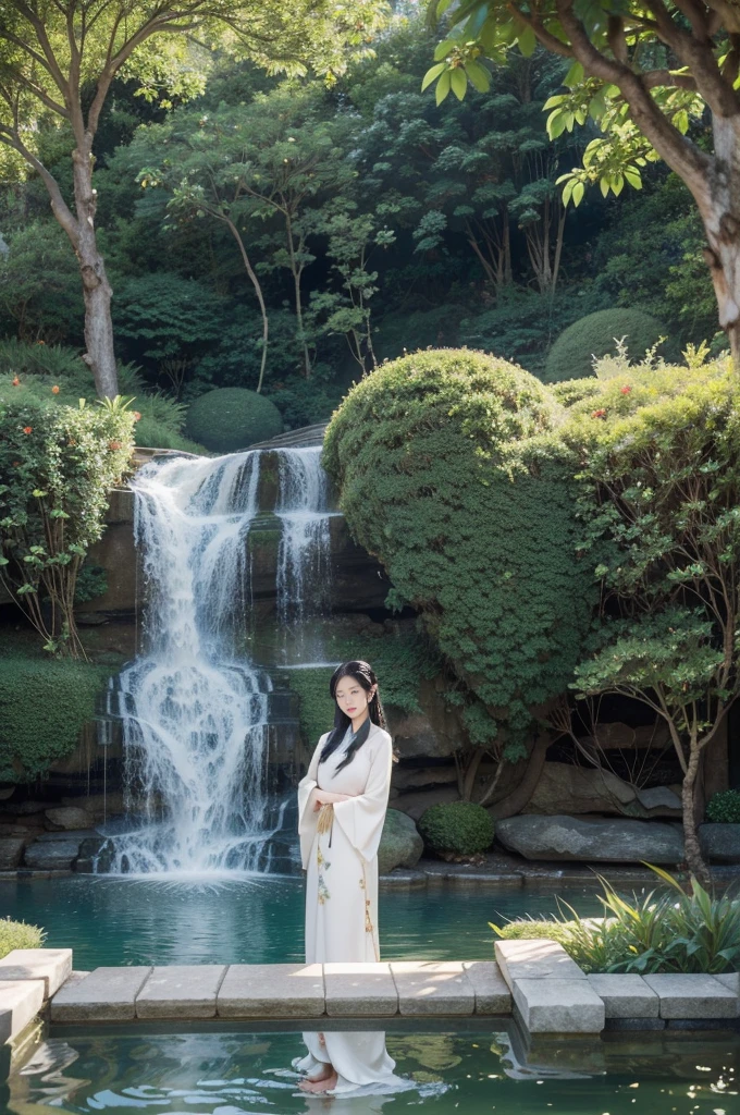 (((best quality))),(((ultra detailed))),(((masterpiece))),illustration,1girl, traditional Chinese dress, serene courtyard, older man, natural hot spring, steam, dreamlike atmosphere, summer night, long black hair, ethereal beauty, delicate features, porcelain skin, intricate floral pattern, slender figure, graceful curves, silver streaks, wise appearance, elegant robe, leisurely life, manicured gardens, traditional architecture, waterfall sound, soothing backdrop, lush greenery, vibrant flowers, quiet conversation, melodic voices, laughter, deep connection, mutual respect, enigmatic photo, frozen moment, private connection, solitude, bustling world, story imagination, dynamics, unexpected beauty