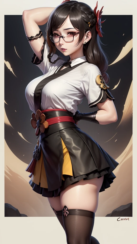 Chiori, (genshin impact), Sexy aesthetic wet short skirt white shirt short black skirt black stockings long hair glasses hands raised