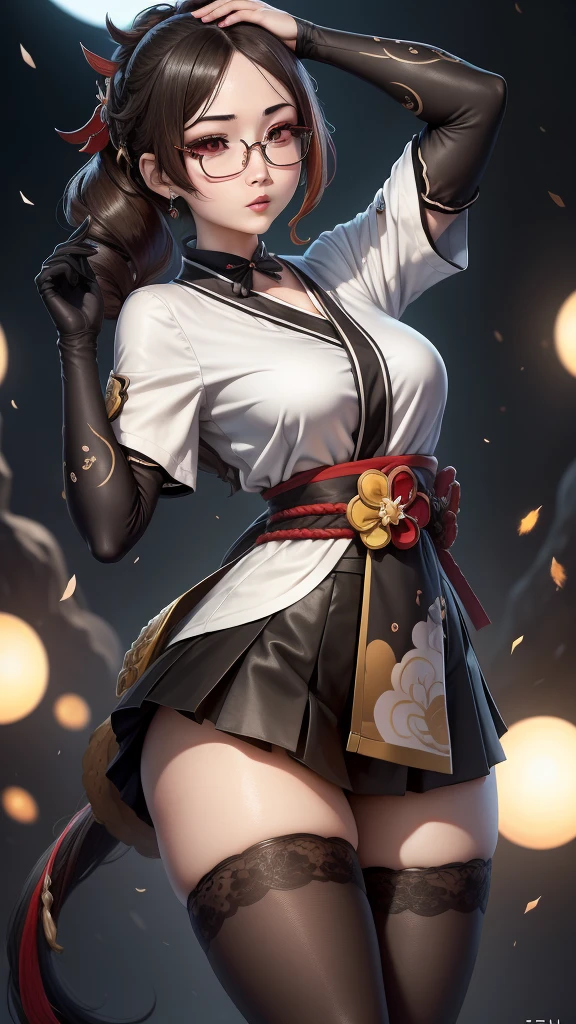 Chiori, (genshin impact), Sexy aesthetic wet short skirt white shirt short black skirt black stockings long hair glasses hands raised
