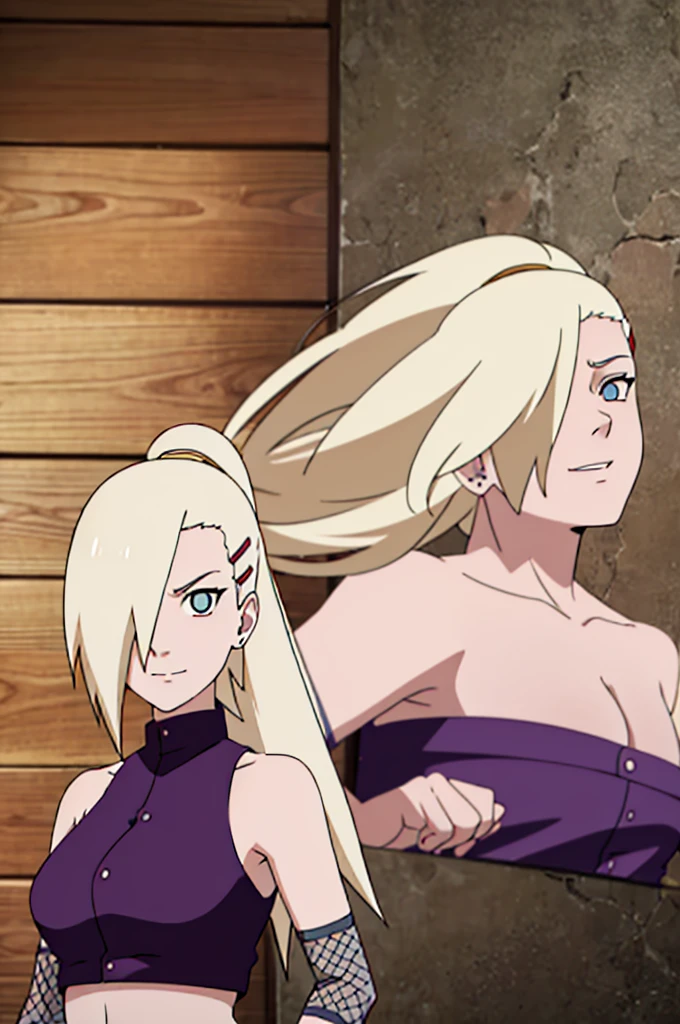 (training), Ino yamanaka, looking at the viewer, from below, ultra detailed face, sunny day, day time, upper body view, anime style, solo, detailed home, blonde, (purple clothes), ((one eye covered with hair, hair over eye)), medium breasts, belly button, looking at the viewer, thick arms, (off-shoulders, wide shoulders, curving body), hidden eye, smile, open mouth, very happy, tall, hair clip, sharp look, sharp face, sharp eye, cold colors,