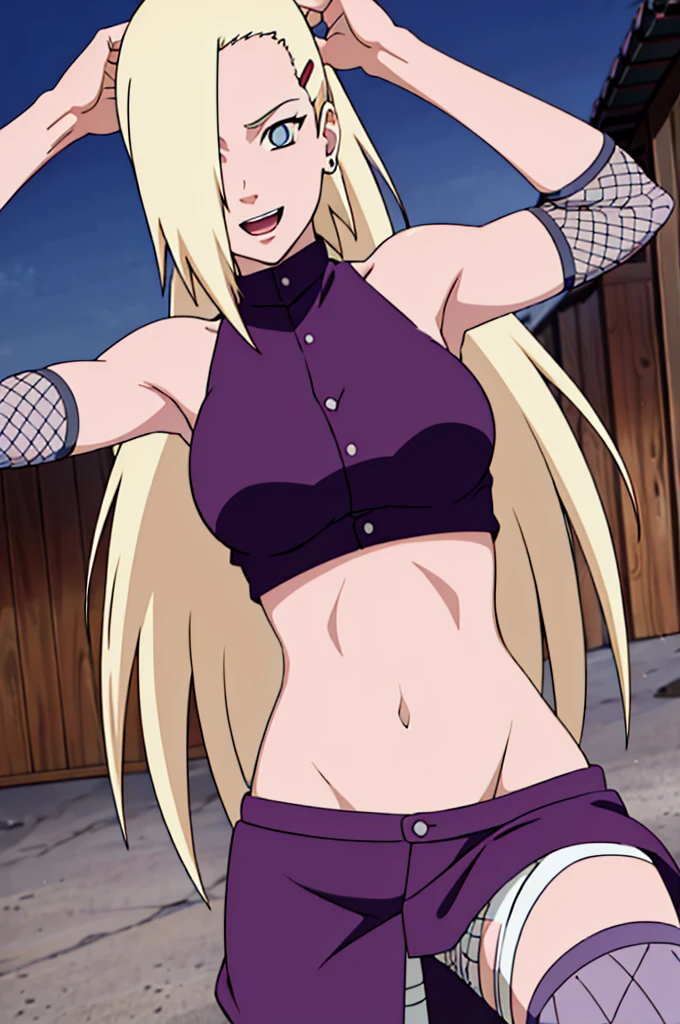 (training), Ino yamanaka, looking at the viewer, from below, ultra detailed face, sunny day, day time, upper body view, anime style, solo, detailed home, blonde, (purple clothes), ((one eye covered with hair, hair over eye)), medium breasts, belly button, looking at the viewer, thick arms, (off-shoulders, wide shoulders, curving body), hidden eye, smile, open mouth, very happy, tall, hair clip, sharp look, sharp face, sharp eye, cold colors,
