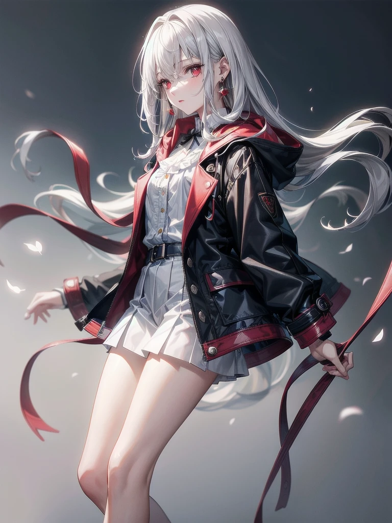 student, duffle coat, absurdres, RAW photo, extremely delicate and beautiful, masterpiece, Best Quality, ultra high resolution, 32k, hyperrealistic, ultra-detailed, detailed description, pale skin, 20 years old, tearful mole, earring, short medium hair, wavy hair, whole body shot, legs, Red eyes,