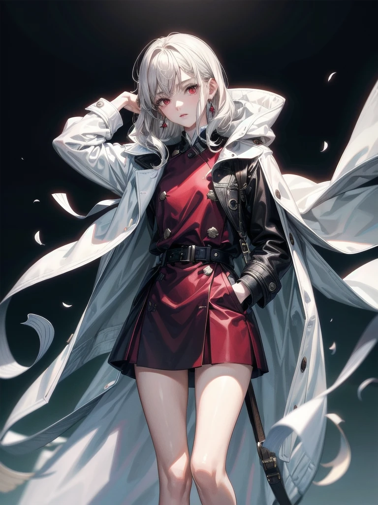 student, duffle coat, absurdres, RAW photo, extremely delicate and beautiful, masterpiece, Best Quality, ultra high resolution, 32k, hyperrealistic, ultra-detailed, detailed description, pale skin, 20 years old, tearful mole, earring, short medium hair, wavy hair, whole body shot, legs, Red eyes,