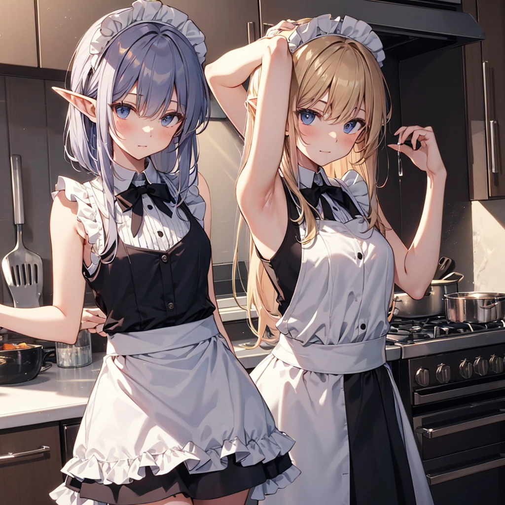 A maid, (in kitchen), various hair styles, night, details face, short skirt, seducing, sleeveless, maid uniform, armpits, elf