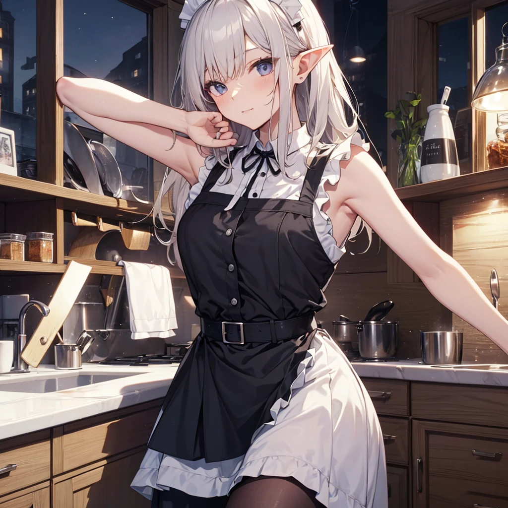 A maid, (in kitchen), various hair styles, night, details face, short skirt, seducing, sleeveless, maid uniform, armpits, elf