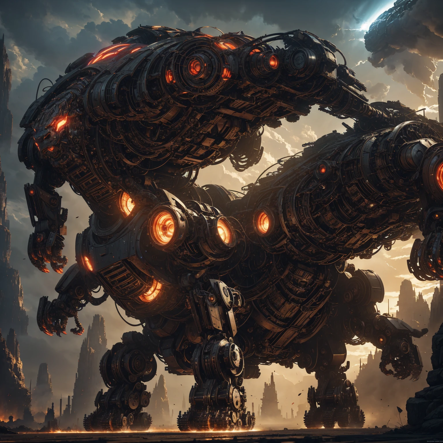 a massive mechanical minotaur robot, heavily armored, with glowing red eyes and steam vents, battling a gigantic mechanical lion robot, both in a fantastical futuristic landscape, cinematic lighting, dramatic angle, detailed machinery, intricate gears and hydraulics, dynamic pose, volumetric fog, sense of scale, (best quality,8k,hyperrealistic,masterpiece:1.2),cinematic lighting,dramatic,futuristic,intricate machinery,volumetric lighting,cinematic angle,highly detailed