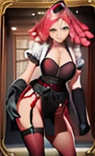(Alone),Mei Hatsume, a girl with yellow eyes with cross-shaped pupils and asymmetrically combed pink hair, with two longer strands on the right side of her face, stood in front of a full-figured woman. long mirror admiring your reflection.(Wearing),+,Wearing),+,(\A maid uniform with The apron is made of sheer, almost translucent black lace, which barely hides the maid's curvaceous body underneath. The front falls scandalously low, exposing the fullness of her breasts and most of her cleavage. Thin straps hold the apron in place, digging into your shoulders and drawing attention to your toned arms. Her corset is a slinky red number with built-in push-up cups that enhance her already impressive bust size. The corset has a deep V-neckline that disappears into the apron, emphasizing her ample cleavage. Thong-style laces crisscross her back, drawing attention to her narrow waist and the tantalizing hint of her ass. Her miniskirt is made from the same sheer lace as her apron, ending at mid-thigh to give a full view of her toned legs and the red garter belt wrapped around them. The garter belt supports fishnet stockings that ride up mid-thigh, adding a touch of fetish to the overall look. On her feet, she wears stiletto heels with ankle straps, enhancing her seductive and leggy appearance. Her hair is styled in loose, tousled waves, framing her face and drawing attention to her full lips, painted a bold crimson red. To complete the look, she uses a white duster as a prop, using it to tease and caress her own body in suggestive ways. The overall effect is one of unabashed, unapologetic sexuality packaged in a classic maid uniform that has become entirely explicit and provocative.)/,+,(\Facing the front of the fourth wall looking at the fourth wall:1.5)/
