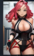 (Alone),Mei Hatsume, a girl with yellow eyes with cross-shaped pupils and asymmetrically combed pink hair, with two longer strands on the right side of her face, stood in front of a full-figured woman. long mirror admiring your reflection.(Wearing),+,Wearing),+,(\A maid uniform with The apron is made of sheer, almost translucent black lace, which barely hides the maid's curvaceous body underneath. The front falls scandalously low, exposing the fullness of her breasts and most of her cleavage. Thin straps hold the apron in place, digging into your shoulders and drawing attention to your toned arms. Her corset is a slinky red number with built-in push-up cups that enhance her already impressive bust size. The corset has a deep V-neckline that disappears into the apron, emphasizing her ample cleavage. Thong-style laces crisscross her back, drawing attention to her narrow waist and the tantalizing hint of her ass. Her miniskirt is made from the same sheer lace as her apron, ending at mid-thigh to give a full view of her toned legs and the red garter belt wrapped around them. The garter belt supports fishnet stockings that ride up mid-thigh, adding a touch of fetish to the overall look. On her feet, she wears stiletto heels with ankle straps, enhancing her seductive and leggy appearance. Her hair is styled in loose, tousled waves, framing her face and drawing attention to her full lips, painted a bold crimson red. To complete the look, she uses a white duster as a prop, using it to tease and caress her own body in suggestive ways. The overall effect is one of unabashed, unapologetic sexuality packaged in a classic maid uniform that has become entirely explicit and provocative.)/,+,(\Facing the front of the fourth wall looking at the fourth wall:1.5)/