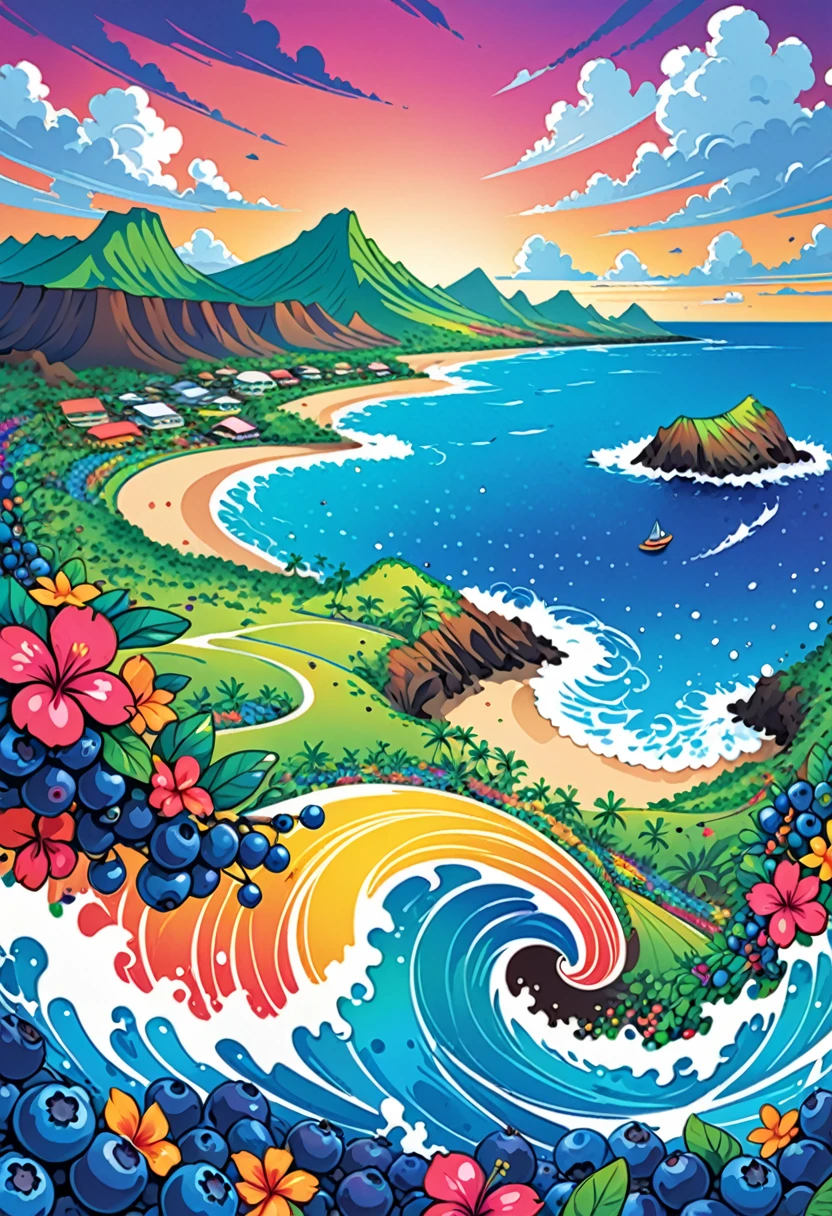 vectorial art, With many colorful blueberry illustrations, At the center, swirly vibrant colors, high détail,Background with Hawaii island.