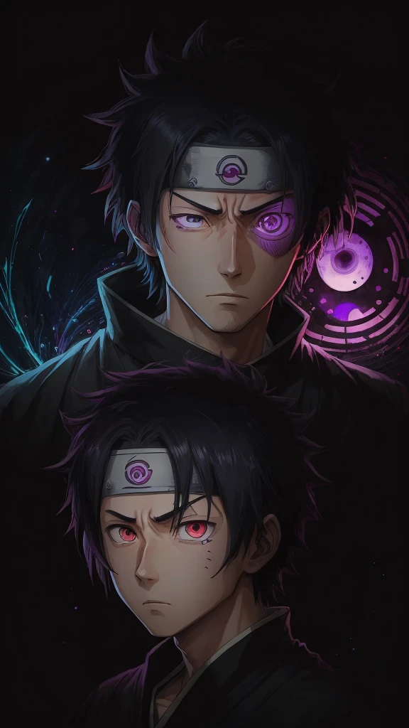 bioluminescent Masashi Kishimoto Manga style portrait of obito uchiha with sharingan and Rinningan, 1 eye red sharingan, other eye purple Rinningan, exquisite detail especially in the eyes.