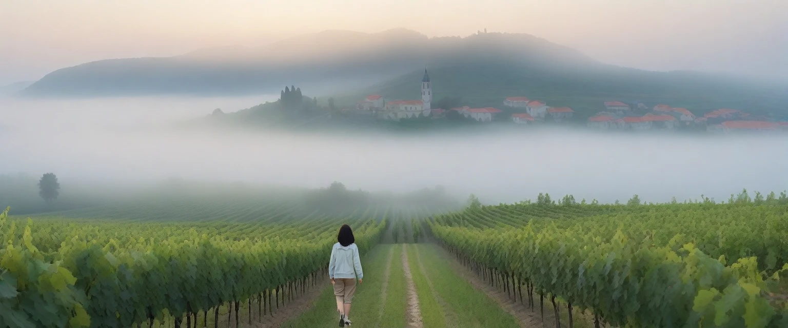 8k best picture quality, Beautiful 36-year-old Korean woman, Chest size 34 inches, The cathedral can be seen through the early morning fog past the vineyards in the Croatian countryside., The back background is realistic and vivid image quality, short and medium hair, Wearing summer short parka and casual pants,Perfect and realistic photos, The background is realistic. Full body shot with Canon camera 16-35 wide angle lens, expressionless, Standing on a vineyard hill covered in thick fog