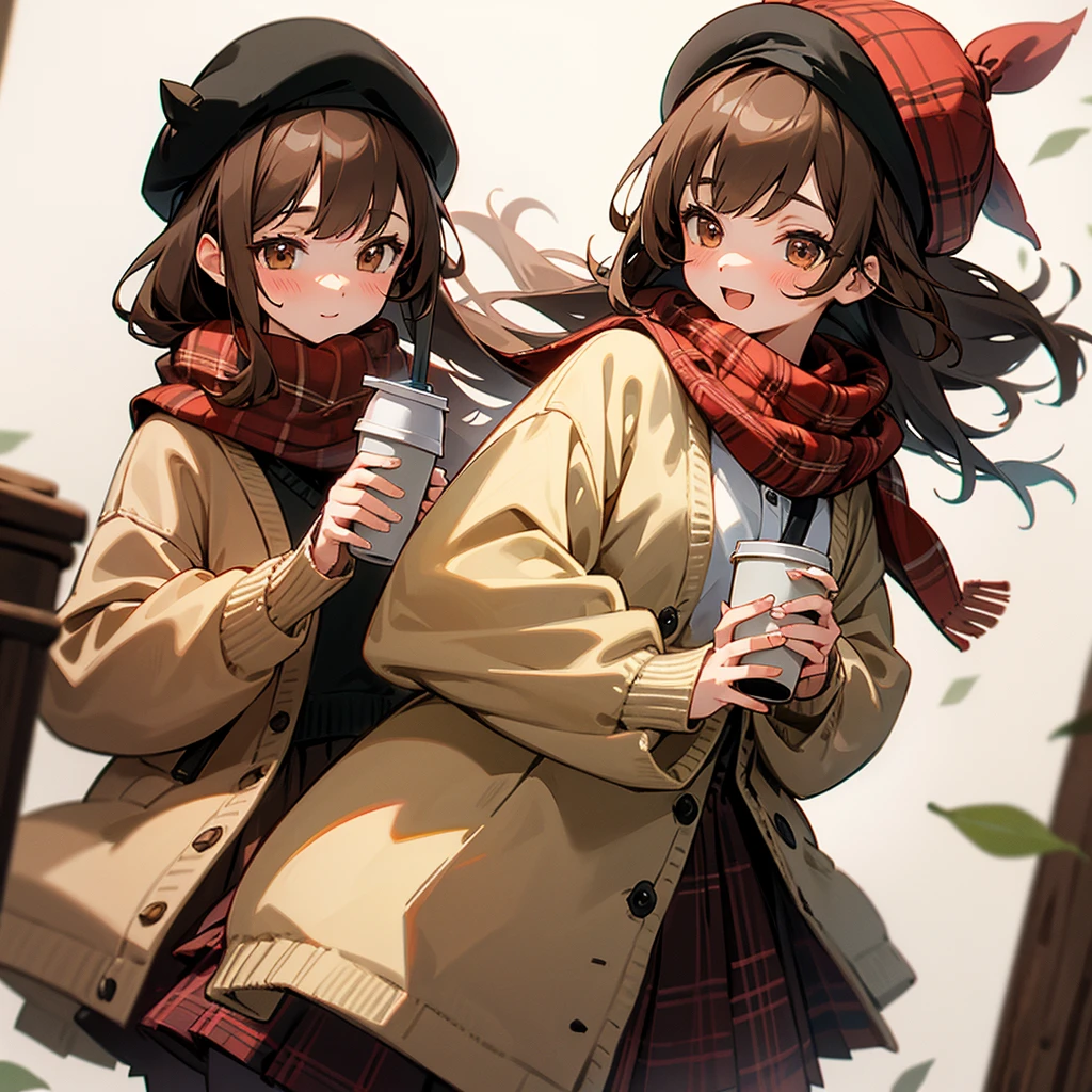 One girl, 紅leaf, bangs, Black Hat, Blurred Background, blush, Brown eyes, Brown Hair, brown scarf, brown skirt, cardigan, coffee, Cowboy Shot, cup, disposable cup, drink, 落ちleaf, Beanie, Holding, Holding drink, leaf, Long Hair, Long sleeve, View your viewers, open cardigan, Open your mouth, Plaid, Plaid skirt, puffy Long sleeve, red sweater, scarf, shirt, shirt tucked in, Side Lock, skirt, smile, alone, sweater, white shirt, Very detailed, Complex, masterpiece, Absurd