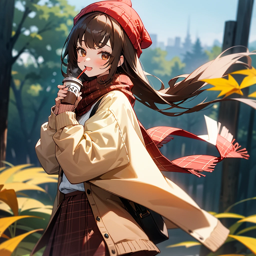 One girl, 紅leaf, bangs, Black Hat, Blurred Background, blush, Brown eyes, Brown Hair, brown scarf, brown skirt, cardigan, coffee, Cowboy Shot, cup, disposable cup, drink, 落ちleaf, Beanie, Holding, Holding drink, leaf, Long Hair, Long sleeve, View your viewers, open cardigan, Open your mouth, Plaid, Plaid skirt, puffy Long sleeve, red sweater, scarf, shirt, shirt tucked in, Side Lock, skirt, smile, alone, sweater, white shirt, Very detailed, Complex, masterpiece, Absurd
