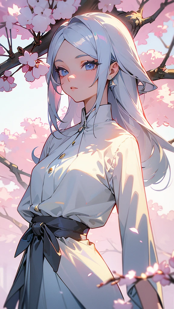 Generate a female character with silver hair who has light blue eyes and who has an elegant but at the same time simple style in her clothes and as a background a square with cherry trees 