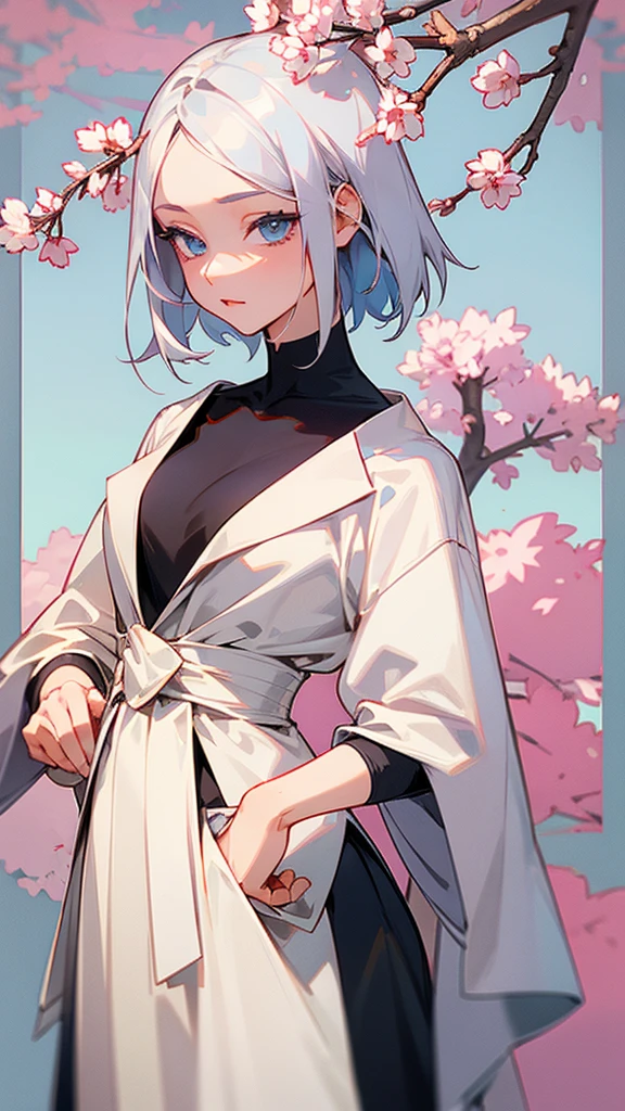 Generate a female character with silver hair who has light blue eyes and who has an elegant but at the same time simple style in her clothes and as a background a square with cherry trees 