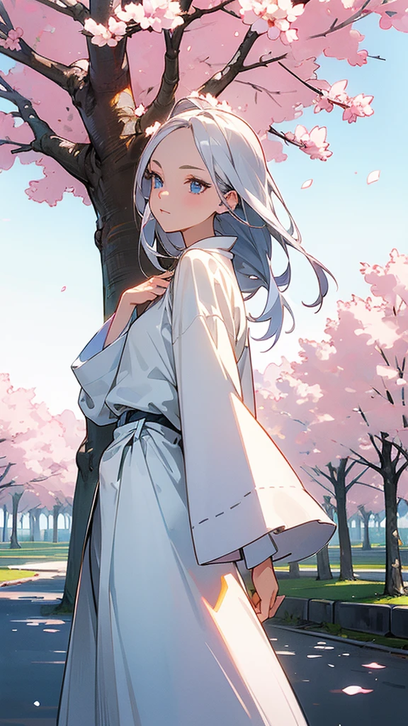 Generate a female character with silver hair who has light blue eyes and who has an elegant but at the same time simple style in her clothes and as a background a square with cherry trees 