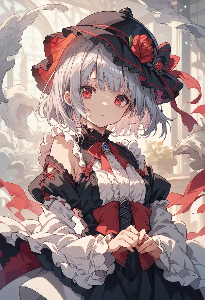 Silver hair short cut with red point, dress hat, sleeveless gothic lolita dress, false sleeves