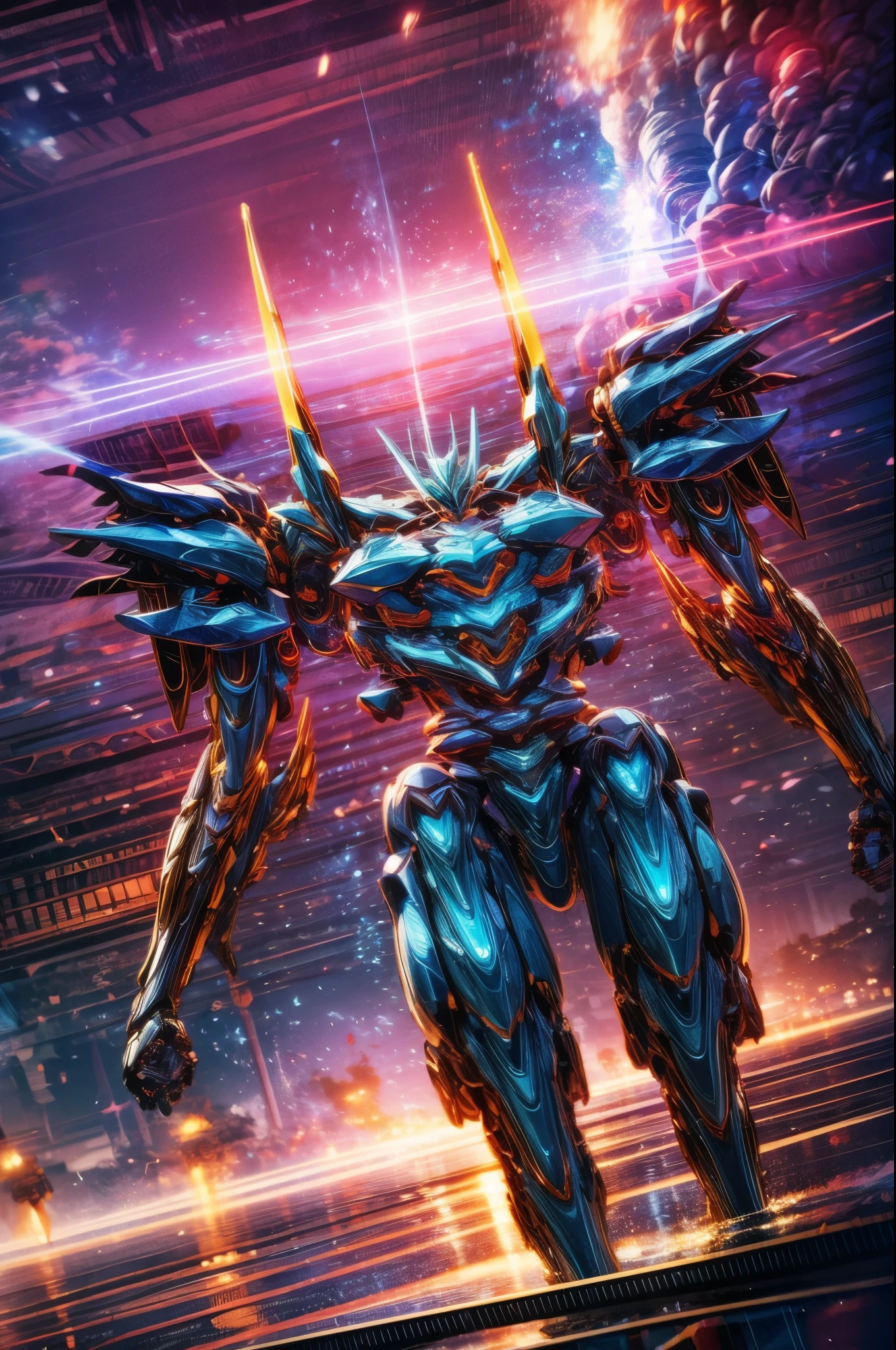 (Obra de arte, melhor qualidade:1.5).Mech branco e azul com detalhes dourados, médio, segurando uma sniper azul grande. Extremely detaild, 8K, HDR, natural light, cinematic lighting, masterpiece-anatomy-perfect, Ultra HD, (Battlefield:1.5), RAW photo, metallic, professional, ultra-fine painting, perfect body proportions, anatomically correct, uhd, real texture material, Anti-Aliasing, FKAA, TXAA, SSAO, Post Processing, Post Production, Tone Mapping, CGI, VFX, SFX, Hyper maximalist, Volumetric, ultra photorealultra-detailed intricate details.