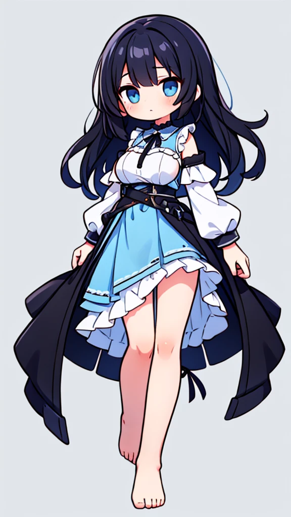 1 girl light blue room wear black hair long straight eyes light blue big breast front upright full body background simple