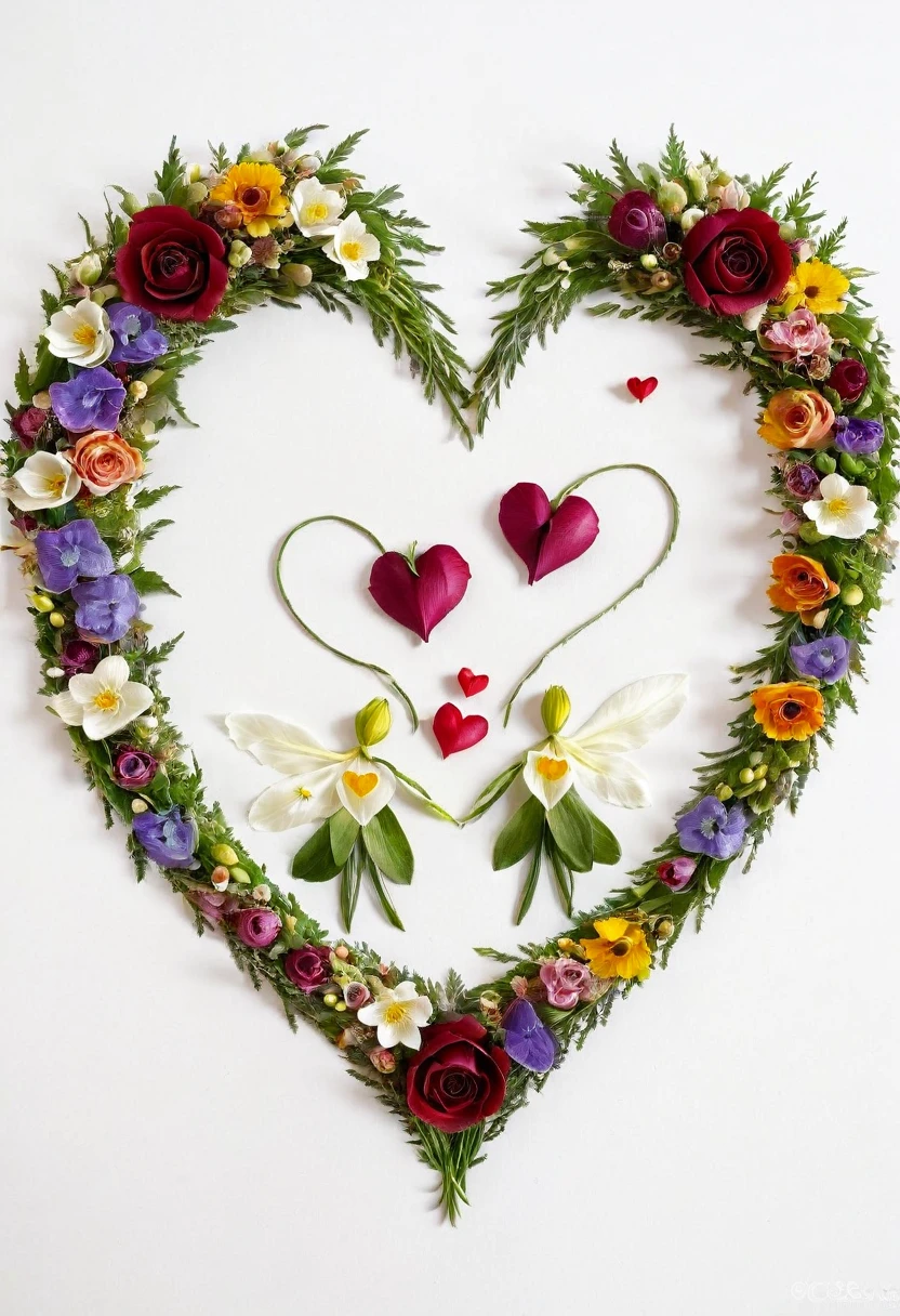 Masterpiece, best quality, very detailed, Fall Leaf Crafts, 2 wedding rings made of flowers, heart, White background