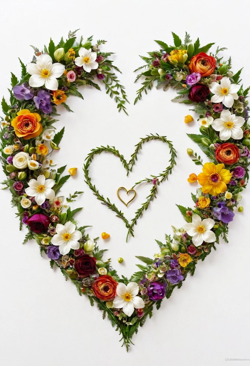 Masterpiece, best quality, very detailed, Fall Leaf Crafts, 2 wedding rings made of flowers, heart, White background