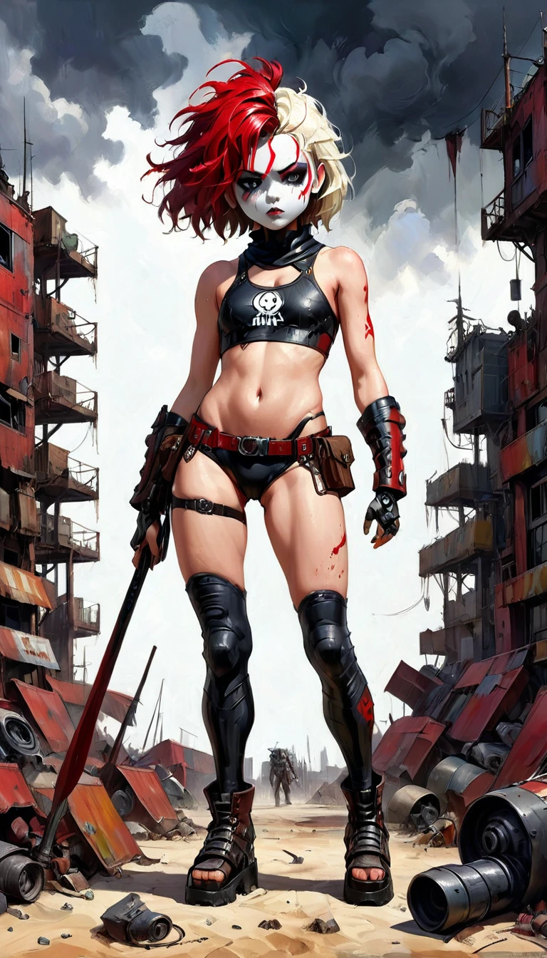 plano general, whole body,A post-apocalyptic warrior, anatomically correct:1.4, a 35-year-old woman almost naked in the Simon Bisley style for the cover of Heavy Metal magazine, red leather top, half black half white, minimal clothing, Short clothes, detailed face and body, dramatic lighting, vibrant colors, dystopian, sandy, cinematographic, Masterpiece, hyper detailed, ultra realistic, 8k, Very detailed