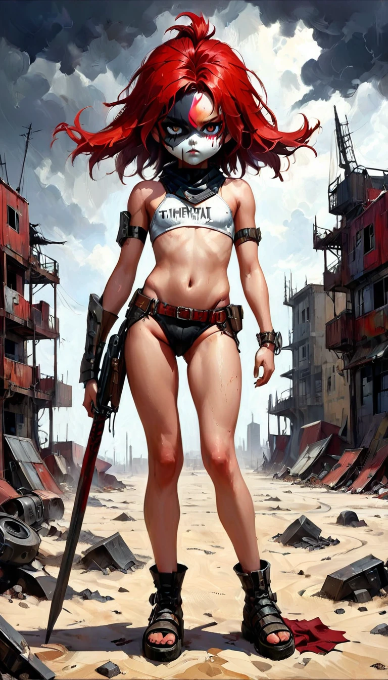 plano general, whole body,A post-apocalyptic warrior, anatomically correct:1.4, a 35-year-old woman almost naked in the Simon Bisley style for the cover of Heavy Metal magazine, red leather top, half black half white, minimal clothing, Short clothes, detailed face and body, dramatic lighting, vibrant colors, dystopian, sandy, cinematographic, Masterpiece, hyper detailed, ultra realistic, 8k, Very detailed