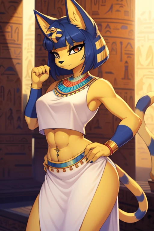 ((best quality)), ((masterpiece)), (detailed),  digital artwork of a  yellow cat ankha with rock hard abs wearing a crop top of her white sleeveless dress with white long dress skirt, a bare midriff and a bare navel, , Egyptian setting, anthro, furry style, tail, she looks snobbish, navel piercing,  blue Egyptian handbands, white eyes, seductive pose, sideview 