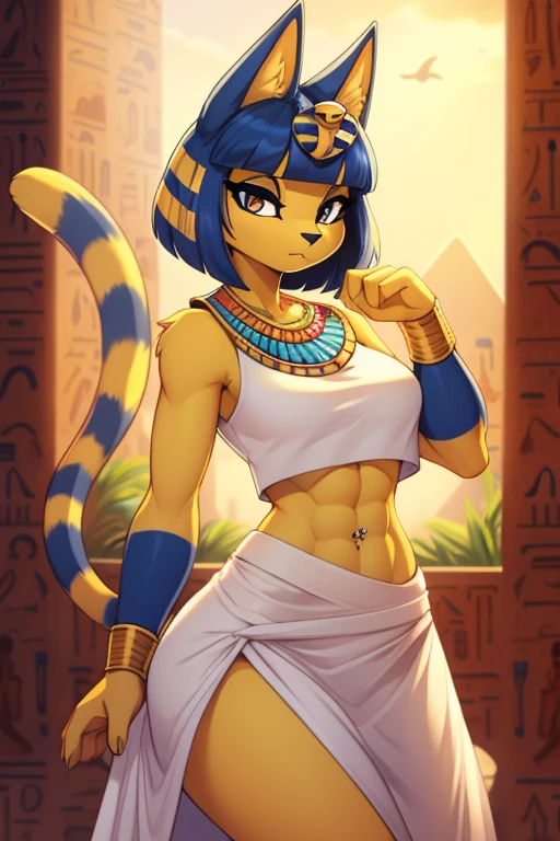 ((best quality)), ((masterpiece)), (detailed),  digital artwork of a  yellow cat ankha with rock hard abs wearing a crop top of her white sleeveless dress with white long dress skirt, a bare midriff and a bare navel, , Egyptian setting, anthro, furry style, tail, she looks snobbish, navel piercing,  blue Egyptian handbands, white eyes, seductive pose, sideview 