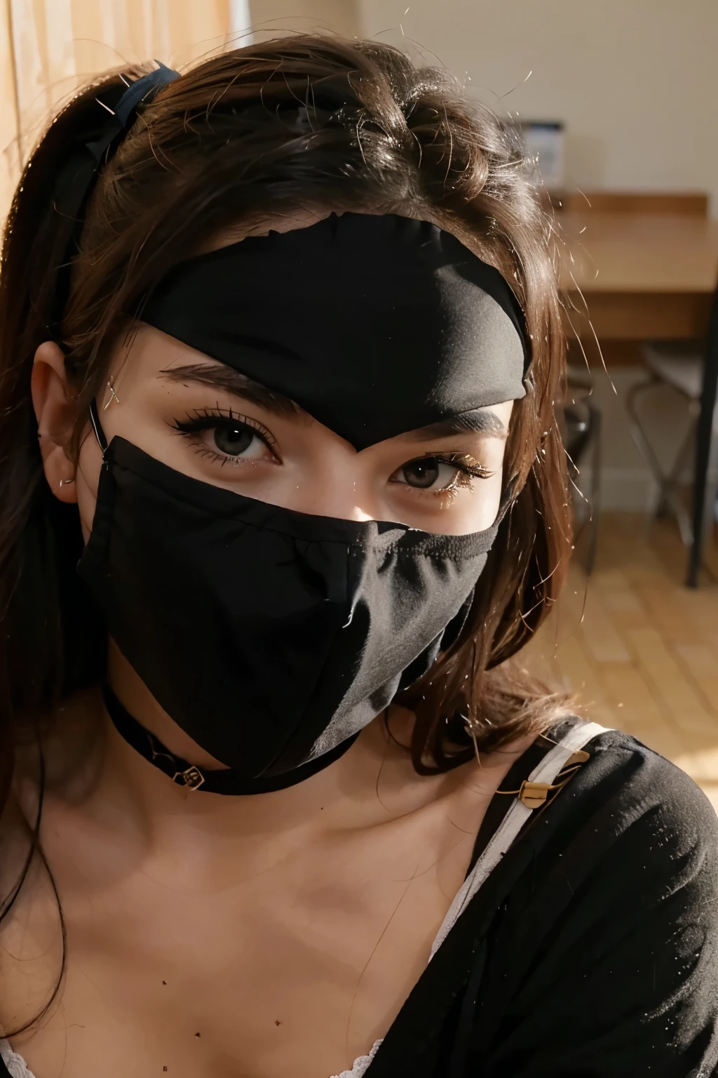 sexy masked girl play on her camputer