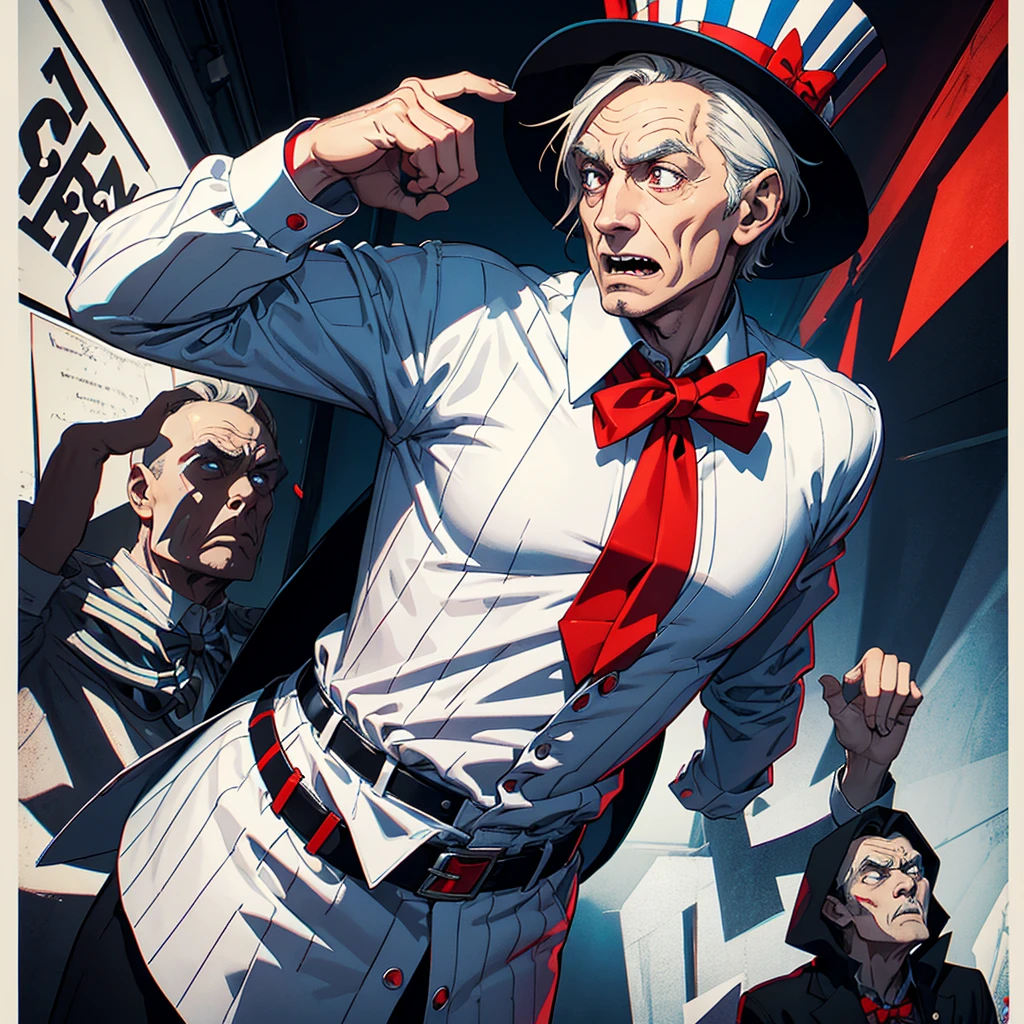 hypnotis maker comics Man. ((Standing)) His hands is up and fingers towards us, (He is standing) He is making hypnosis. He has Red eyes and white short hair, wearing white, his hands up and a bow tie. he is making hypnosis with his hand. Dracula style. comics anime style, 70s poster, pop punk art style (No background) ((entire body)) (Uncle Sam facial expressions)