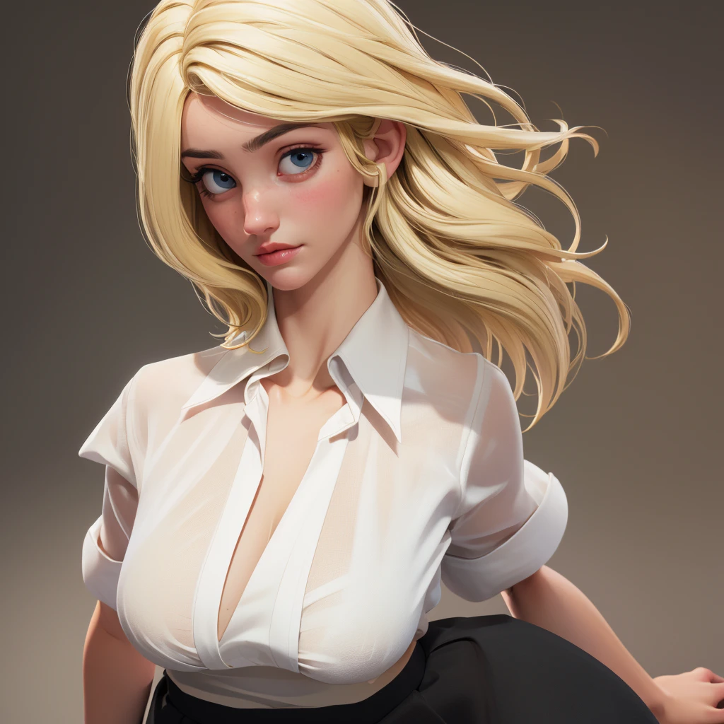 (masterpiece:1.3), (best quality:1.2), intricate details, (highly detailed skin:1.2), c4m3r0nd-v2, (1girl:1.2), large breasts, realistic, highres, beauty photo, tear drop , from above, cool mood, (wearing white shirt and black skirt:1.3), short hair , (blond haircolor:1.3), Hourglass-Petite body shape, fill lighting, fcDetailPortrait, (tilted head:1.4), (sexy pose:1.3),   