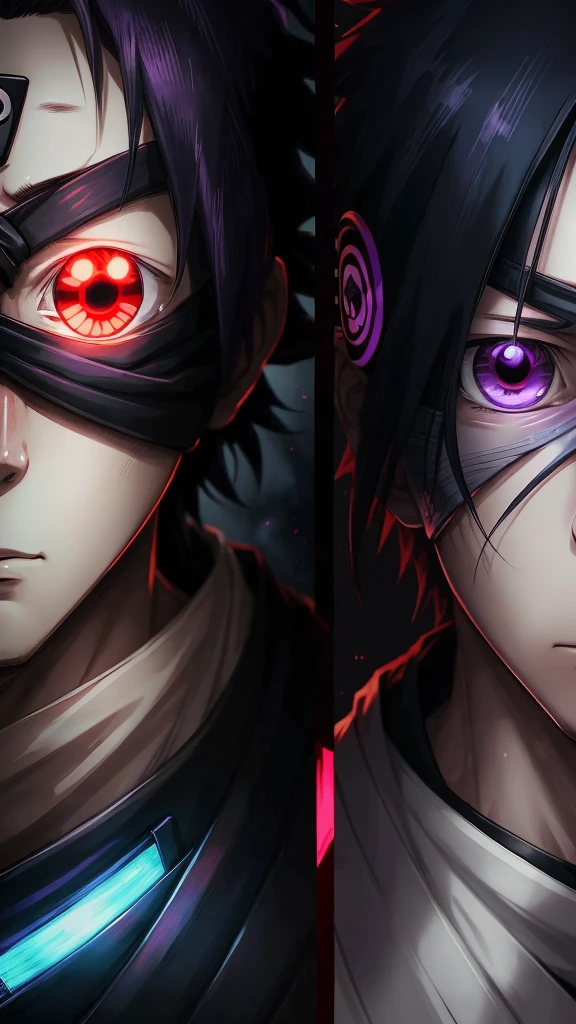 bioluminescent Masashi Kishimoto Manga style portrait of obito uchiha with sharingan and Rinningan, 1 eye red sharingan, other eye purple Rinningan, exquisite detail especially in the eyes.